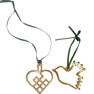 Vintage Brass Heart And Dove Christmas Ornaments Set Of Two - 2.5" x 2"